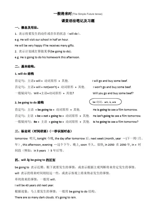 英语一般将来时课堂语法笔记+习题(含答案)