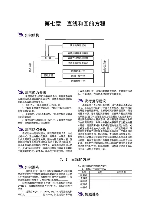 高三数学高考一轮复习系列教案第七章 直线和圆的方程 大纲版