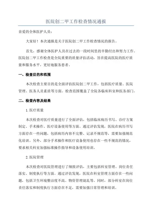 医院创二甲工作检查情况通报