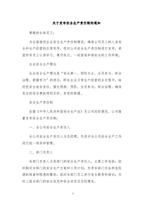 关于发布安全生产责任制的通知