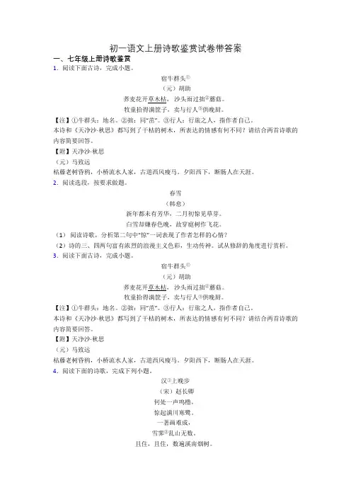 初一语文上册诗歌鉴赏试卷带答案