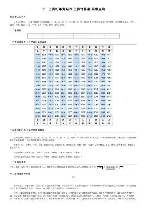 十二生肖纪年对照表,生肖计算器,属相查询