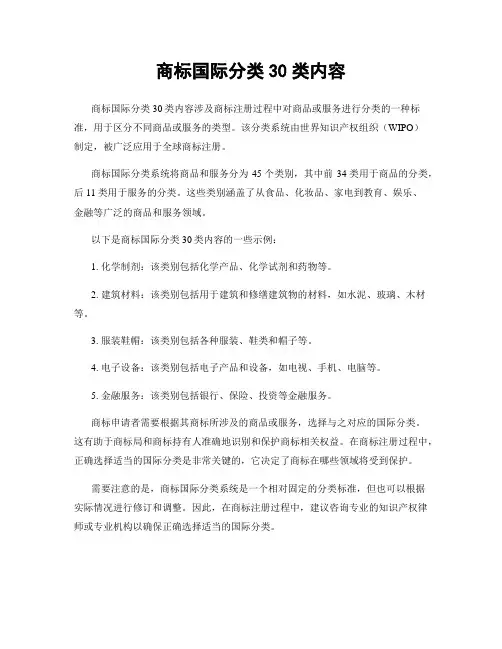 商标国际分类30类内容