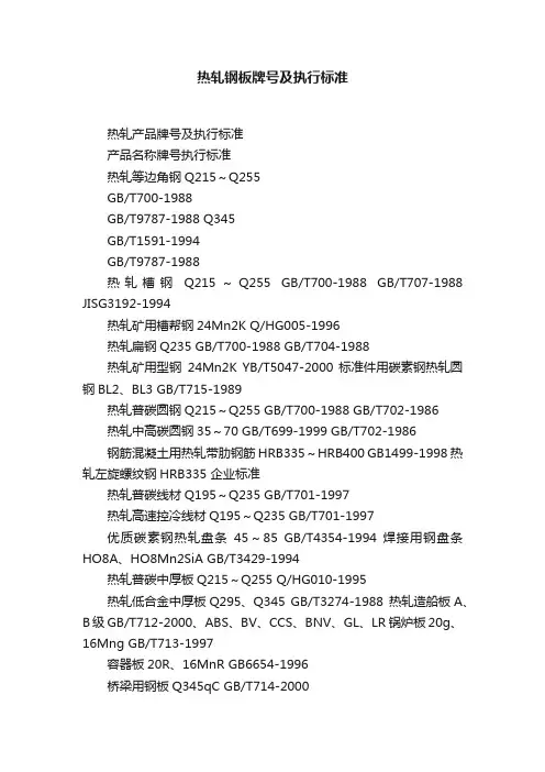 热轧钢板牌号及执行标准