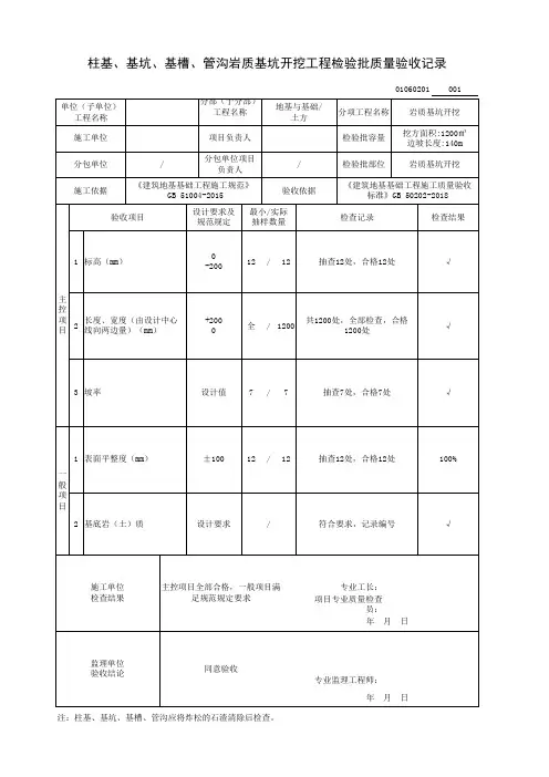 柱基、基坑、基槽、管沟岩质基坑开挖工程检验批质量验收记录
