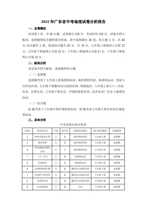 2022年广东省中考地理试卷分析报告