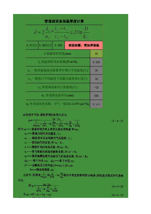管道或设备保温厚度计算表