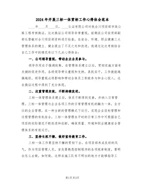 2024年开展三标一体贯标工作心得体会范本(2篇)