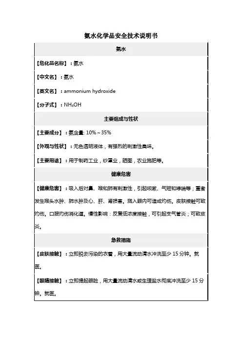 氨水化学品安全技术说明书