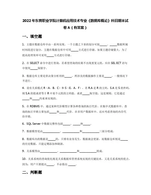 2022年东营职业学院计算机应用技术专业《数据库概论》科目期末试卷A(有答案)