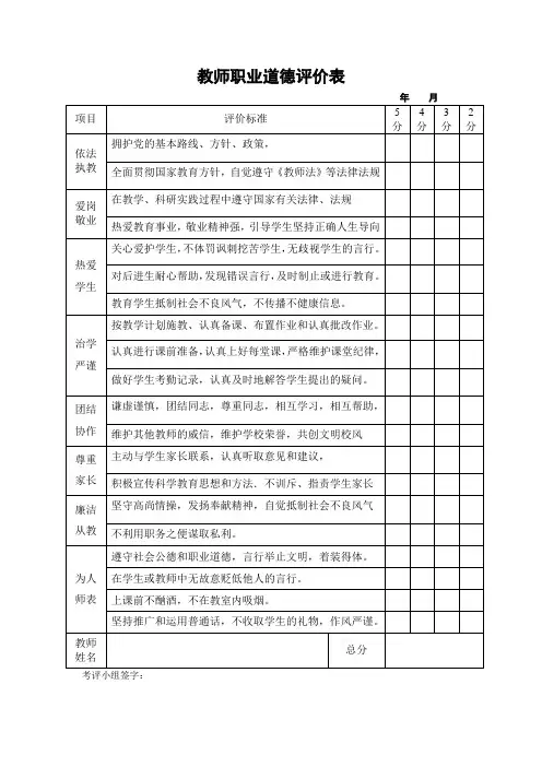 教师职业道德评价表