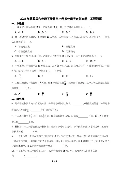 2024年苏教版六年级下册数学小升初分班考必刷专题 ：工程问题