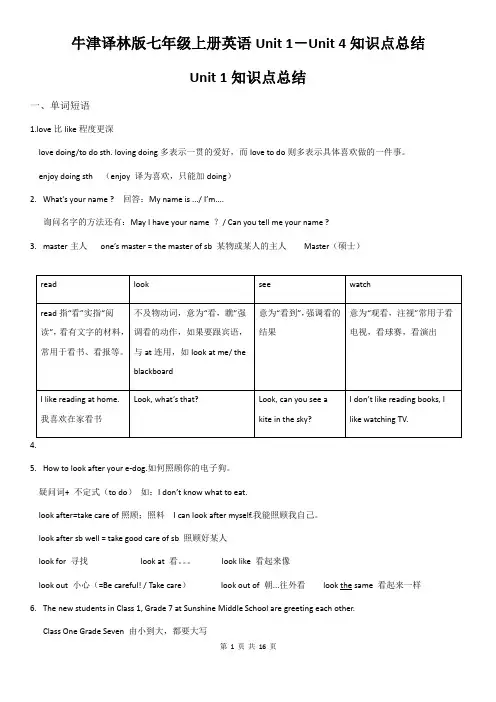牛津译林版七年级上册英语Unit 1-Unit 4知识点总结