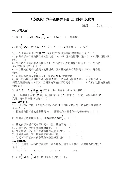 苏教版数学六年级下册课课练(含答案)正比例和反比例同步练习1