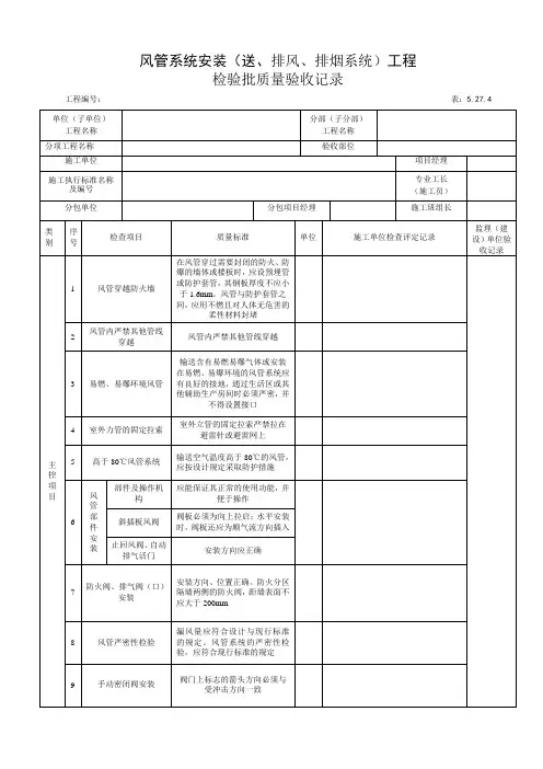 送、排风,防排烟,除尘系统工程检验批质量验收记录