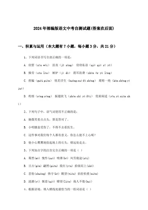 2024年部编版中考语文试题及解答参考