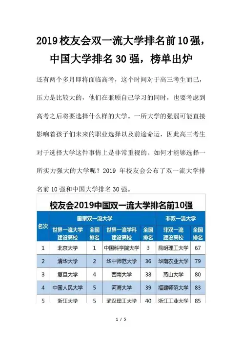 2019校友会双一流大学排名前10强-中国大学排名30强-榜单出炉