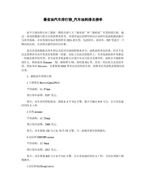 最省油汽车排行榜_汽车油耗排名榜单