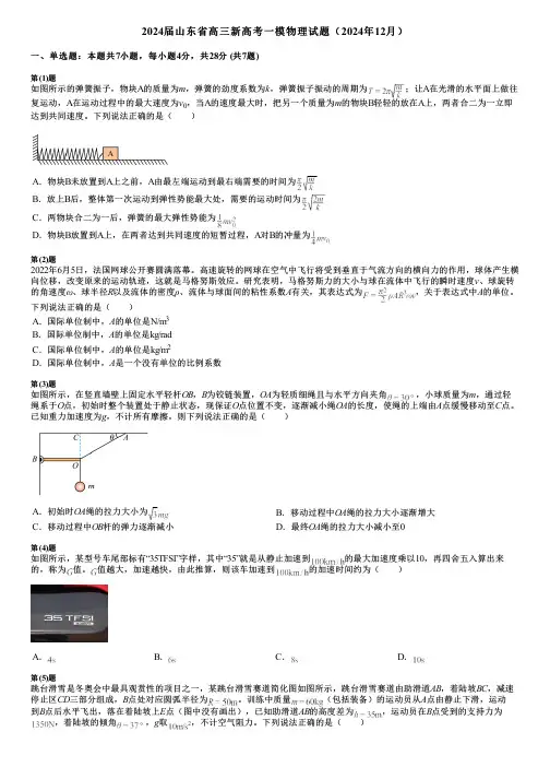 2024届山东省高三新高考一模物理试题(2024年12月)
