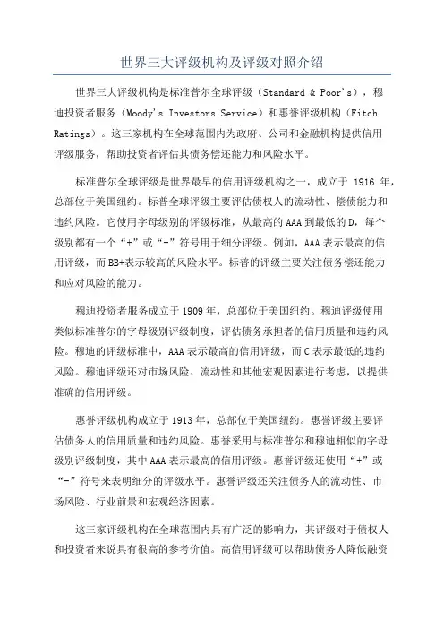 世界三大评级机构及评级对照介绍