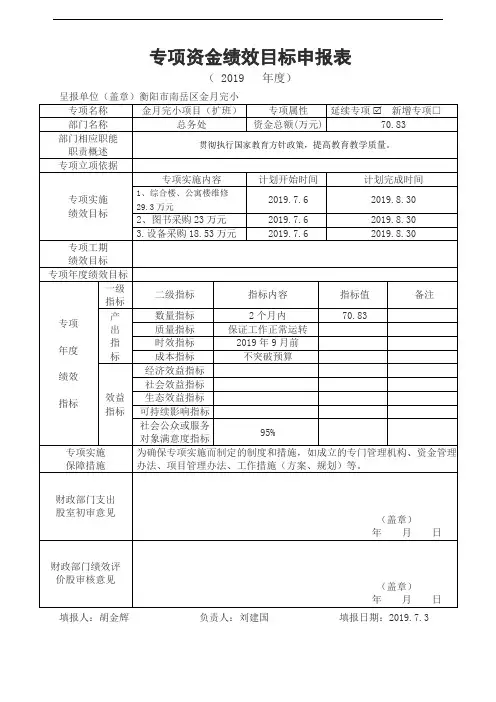 专项资金绩效目标申报表
