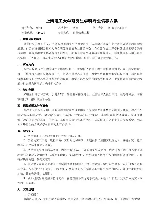 上海理工大学研究生学科专业培养方案
