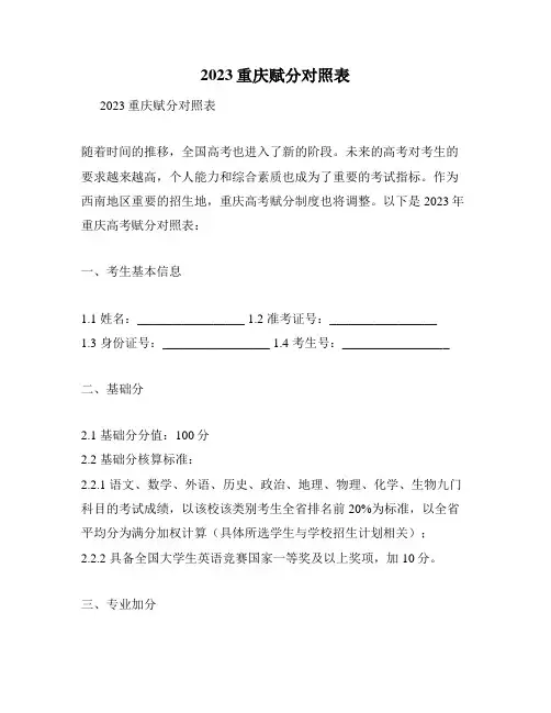 2023重庆赋分对照表