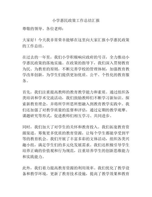 小学惠民政策工作总结汇报