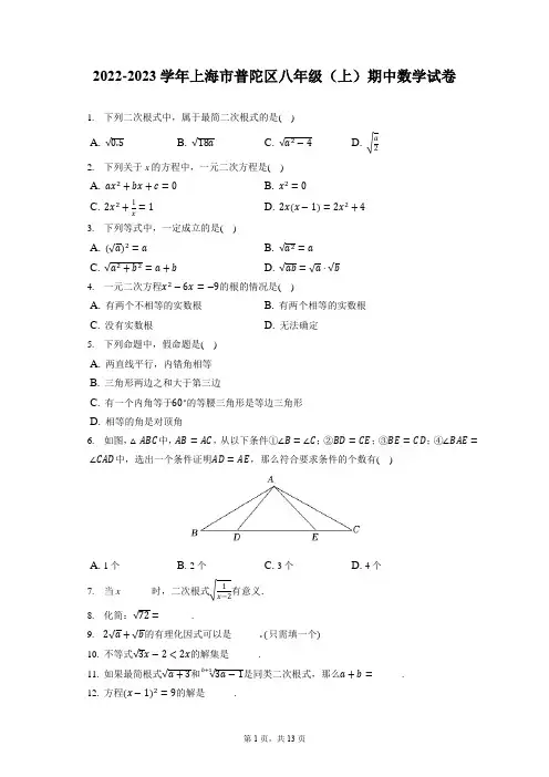 2022-2023学年上海市普陀区八年级(上)期中数学试卷(含答案解析)