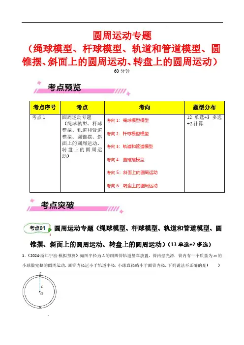 圆周运动专题(绳球模型、杆球模型、轨道和管道模型、圆锥摆、斜面上的圆周运动、转盘上的圆周运动)解析版