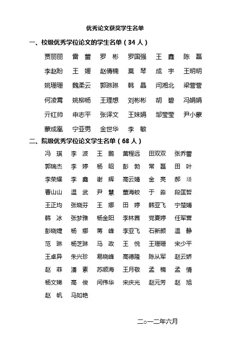 优秀论文获奖学生名单