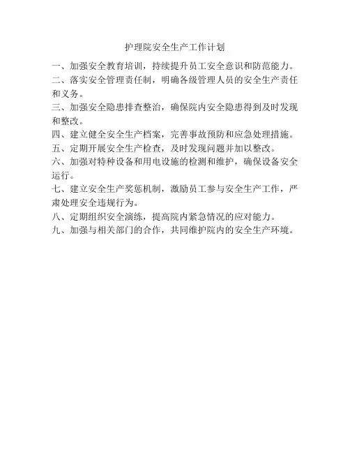 护理院安全生产工作计划