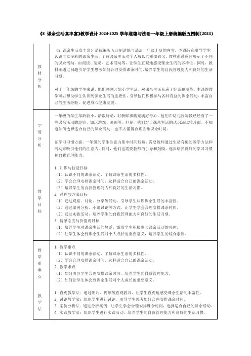 《8 课余生活真丰富》教学设计2024-2025学年道德与法治一年级上册统编版五四制(2024)