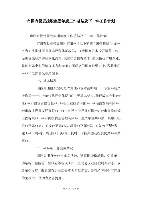 市国有投资控股集团年度工作总结及下一年工作计划