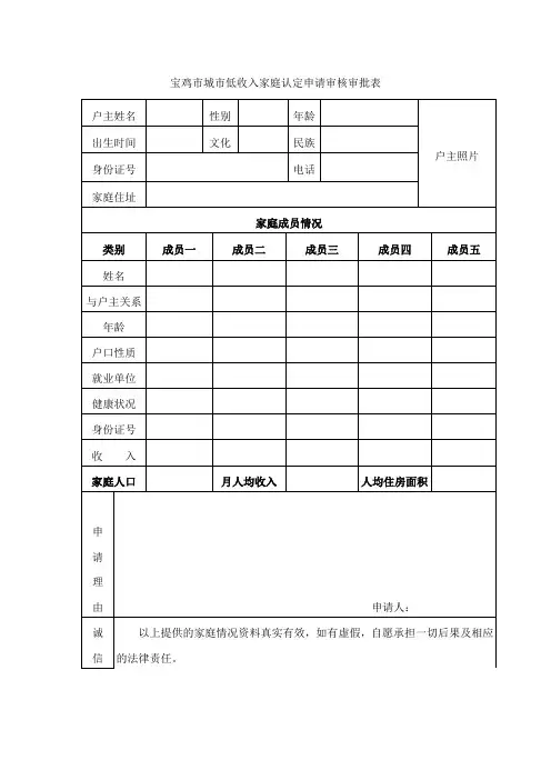 宝鸡市城市低收入家庭认定申请审核审批表