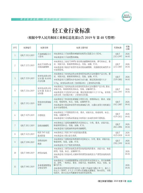 轻工业行业标准(根据中华人民共和国工业和信息化部公告2019年第48号整理)