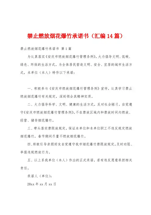 禁止燃放烟花爆竹承诺书(汇编14篇)