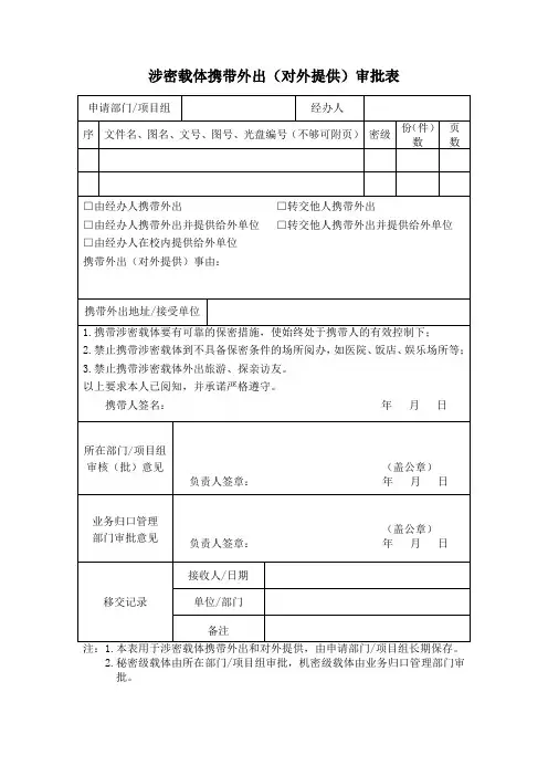 涉密载体携带外出(对外提供)审批表