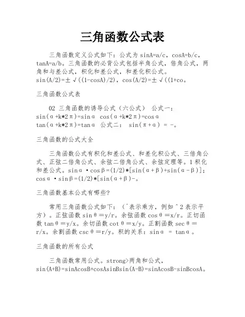 三角函数公式表