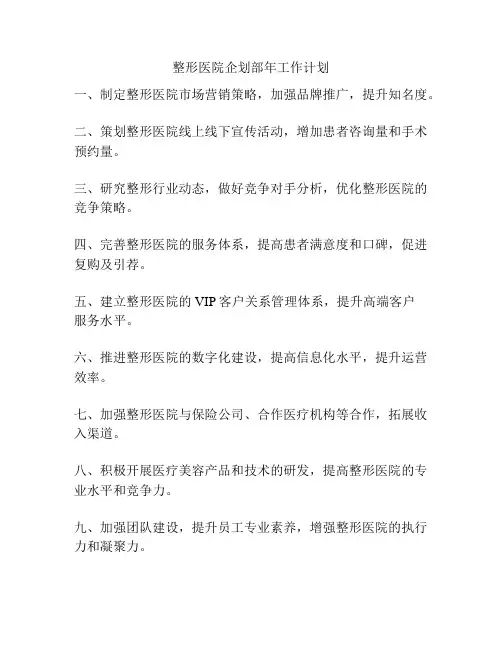 整形医院企划部年工作计划