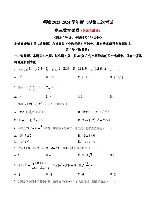 河南省周口市项城市2023-2024学年高三上学期第三次段考试题 数学含解析
