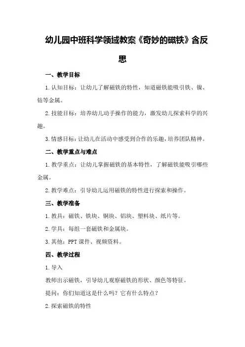 幼儿园中班科学领域教案《奇妙的磁铁》含反思