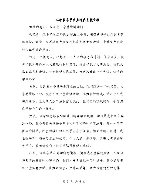 二年级小学生竞选班长发言稿(4篇)