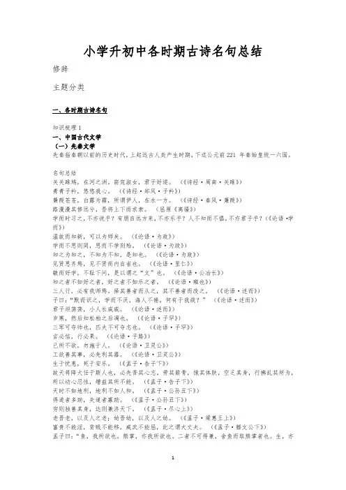 小学升初中各时期古诗名句整理总结打印版