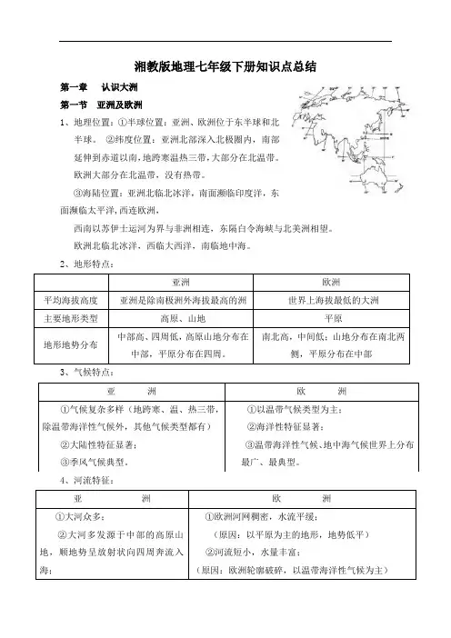 湘教版地理七年级下册知识点总结