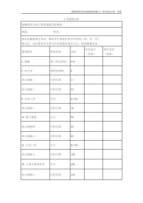 【新教材】部编版语文四年级上册课文背诵闯关表及必背内容