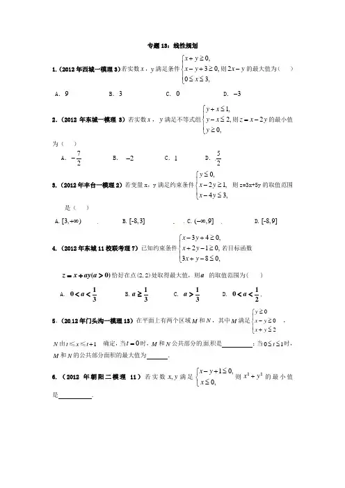 2014届高考数学专题汇编13：线性规划