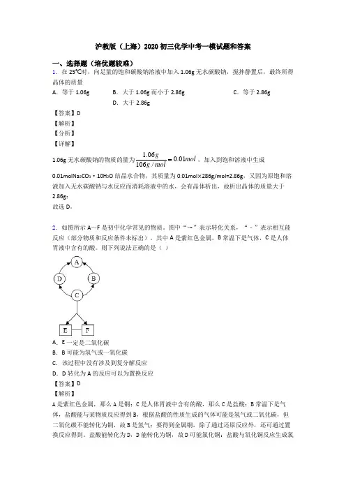 沪教版(上海)2020初三化学中考一模试题和答案
