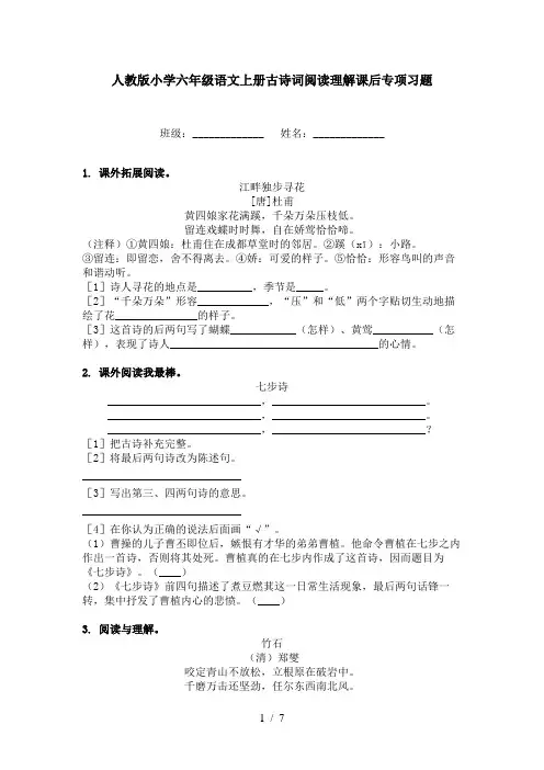 人教版小学六年级语文上册古诗词阅读理解课后专项习题
