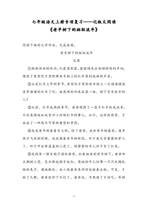 七年级语文上册专项复习——记叙文阅读《老早树下的斑驳流年》含答案